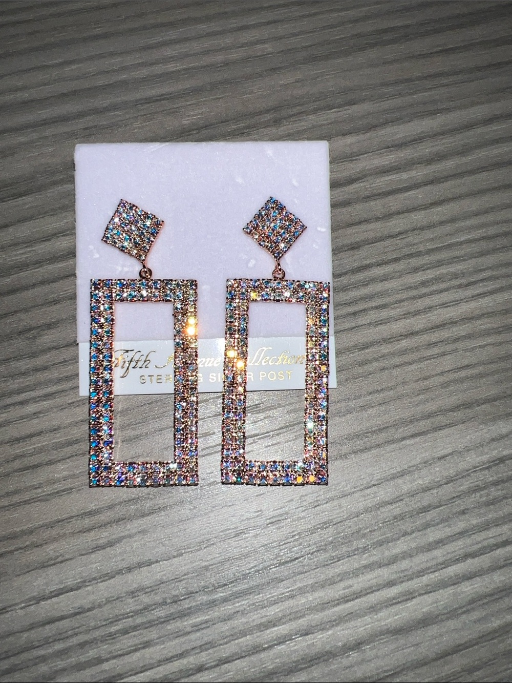 Rectangular Drop Earrings with Aurora Borealis Crystal Pavé - Rose Gold Tone